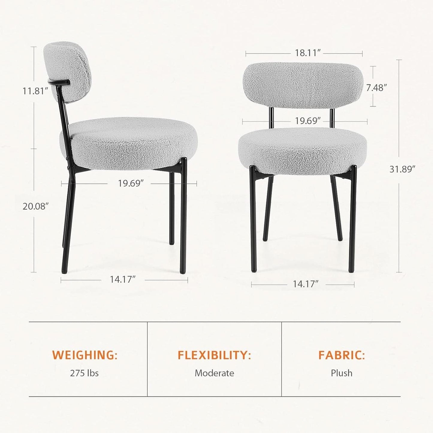 Boucle Upholstered Dining Chairs Set Of 4 With Curved Backrest Metal Legs Grey