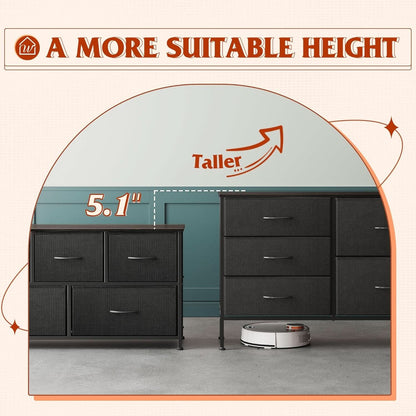 Charcoal Black Fabric Dresser With 5 Drawers For Bedroom Storage