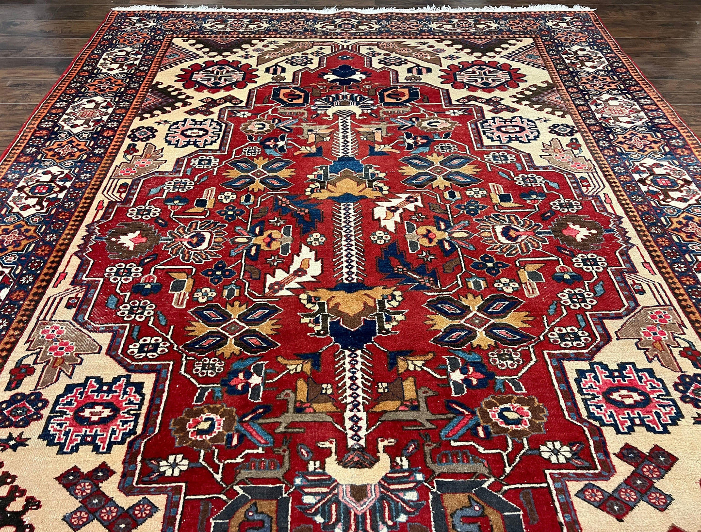 Antique Persian Heriz Rug 8x12 ft, Geometric Tribal Room Sized Carpet, Camel Hair Red Navy Blue, Wool Hand Knotted Medallion Oriental Carpet