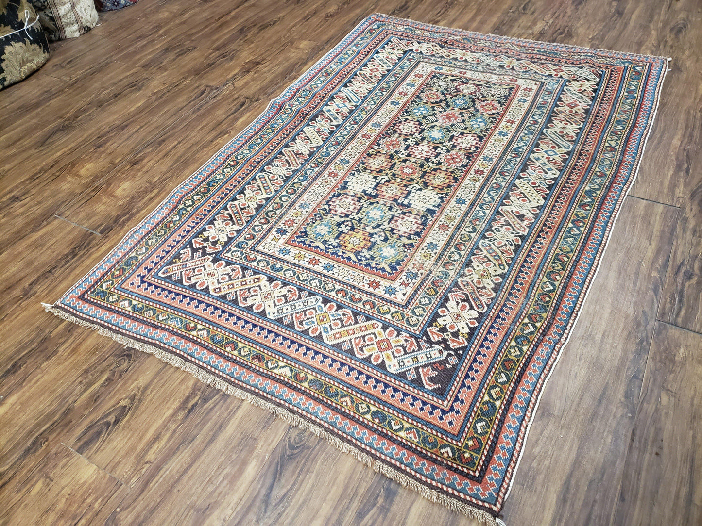 Caucasian Rug 3'9" x 5'7", Antique 1920s Collectible Caucasian Chi Chi Carpet, Hand Knotted, Colorful, Dark Blue Cream Red, Wool, Small Rug