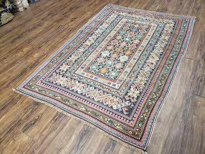 Caucasian Rug 3'9" x 5'7", Antique 1920s Collectible Caucasian Chi Chi Carpet, Hand Knotted, Colorful, Dark Blue Cream Red, Wool, Small Rug