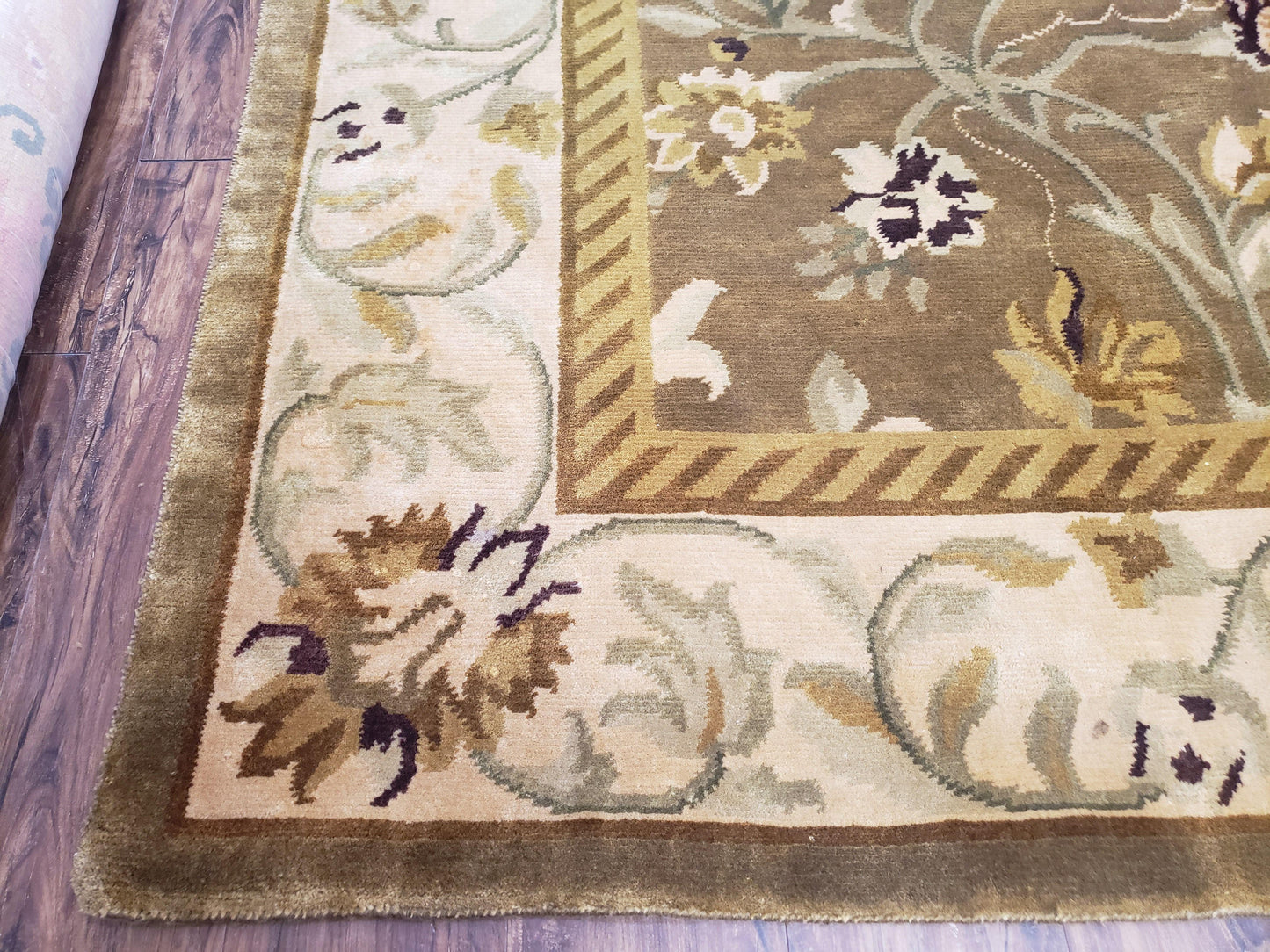 8x10 Rug - Plush Tibetan Rug - Green & Beige Floral Rug - Large Handmade Wool Rug - 250x300 Carpet