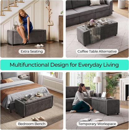 50 Inch Grey Luxurious Upholstered Storage Ottoman