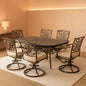 7 Piece Patio Dining Set 6 Swivel Chairs Tan Cushions 38x72