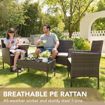 4 Piece PE Rattan Patio Furniture Set With Beige Cushions