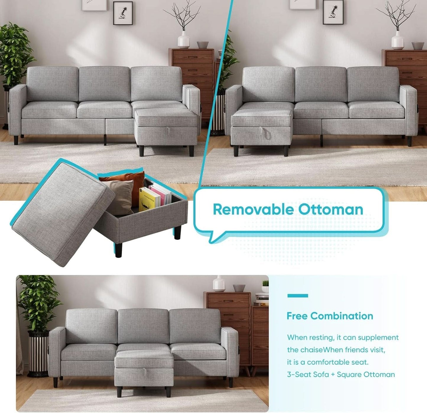 6 Seater Linen Fabric Sectional Sofa With Movable Storage Ottoman Light Grey