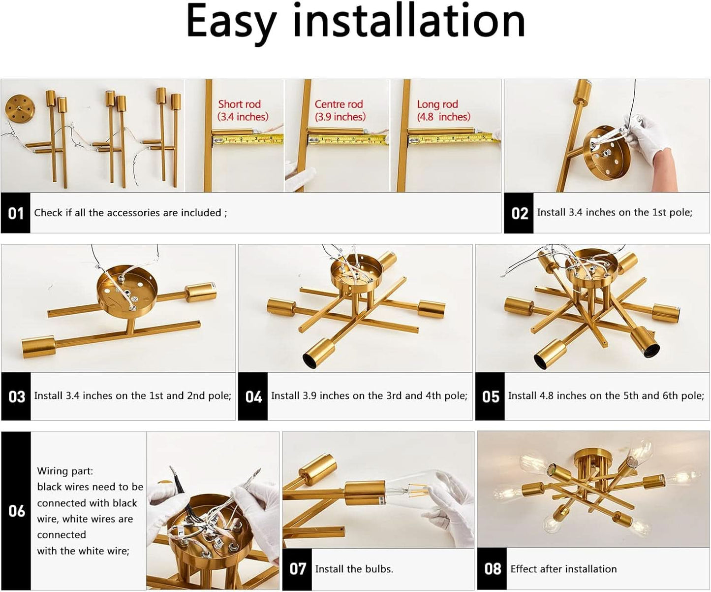 Gold Sputnik Chandelier Semi Flush Mount Ceiling Light