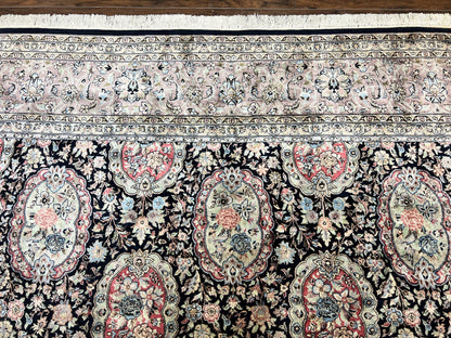 Sino Persian Rug 9x12, Navy Blue and Pink Hand Knotted Wool and Silk Highlights Vintage Oriental Carpet, Handmade Floral Area Rug 9 x 12 ft