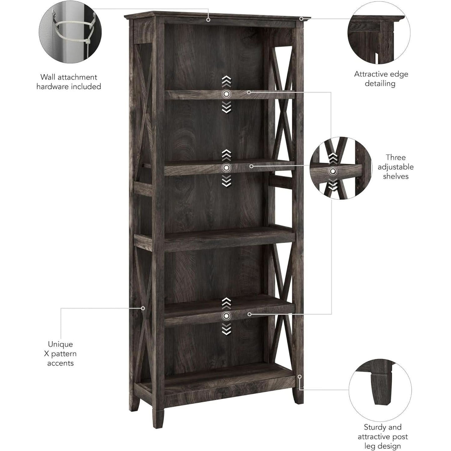 Bush Furniture Tall 5 Shelf Bookcase Dark Gray Hickory