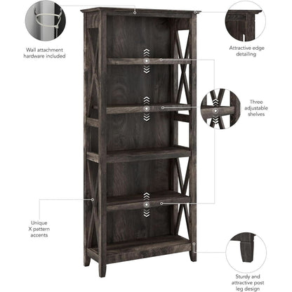 Bush Furniture Tall 5 Shelf Bookcase Dark Gray Hickory