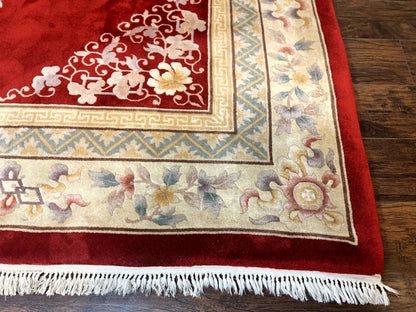 Chinese Wool Rug 8.6 x 11, Red and Beige Asian Oriental Carpet, Plush Pile, Vintage Handmade Chinese Carving Sculpted Rug, Semi Open Field