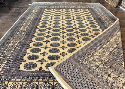 Pakistani Bokhara Turkoman Rug 9x11, Cream, Handmade Wool Vintage Carpet