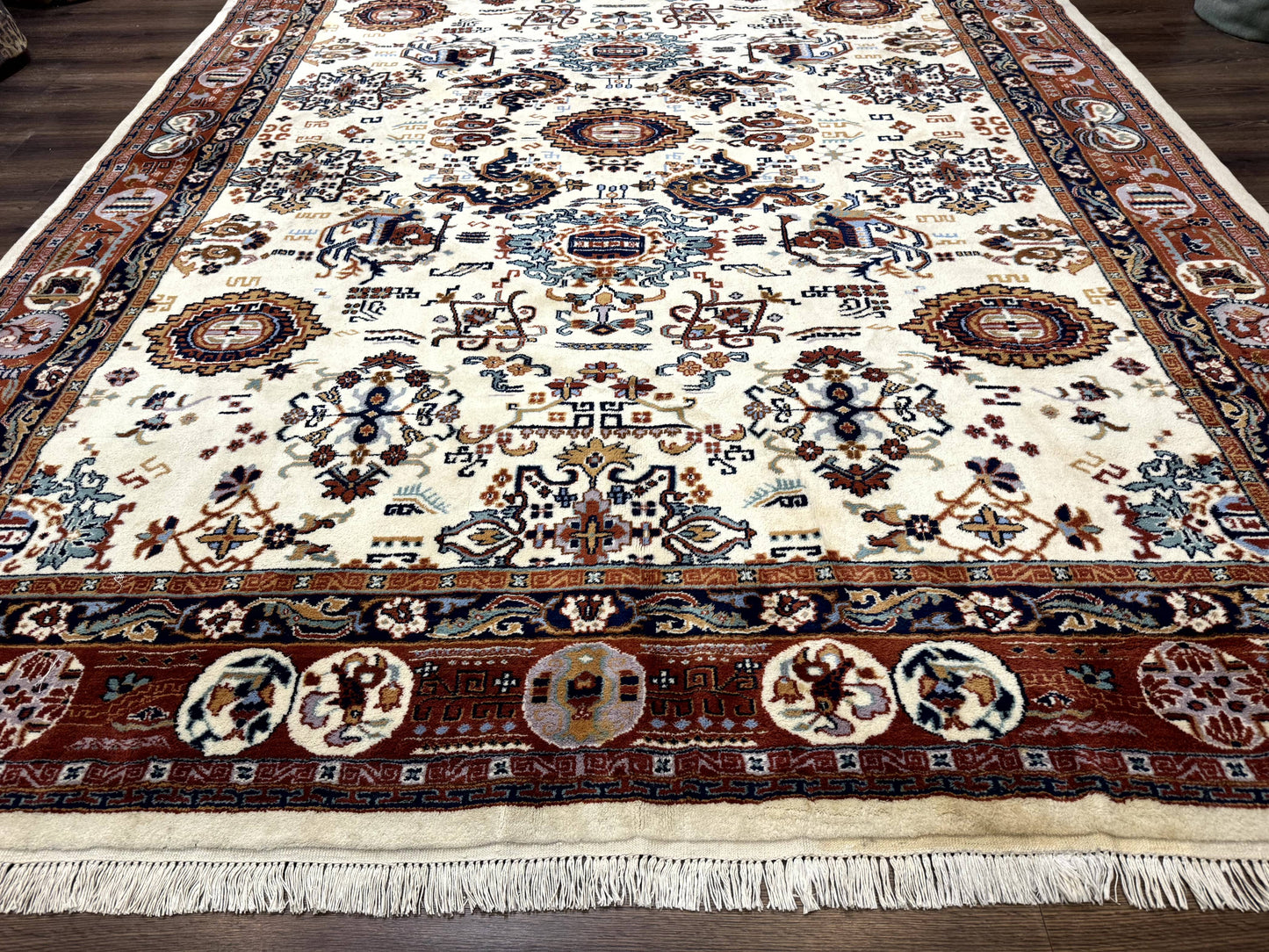 Indo Chinese Wool Rug 9x12, Ivory and Rust Red, Dragon Motifs