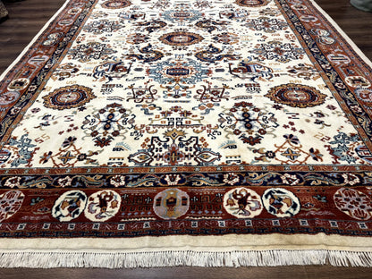Indo Chinese Wool Rug 9x12, Ivory and Rust Red, Dragon Motifs