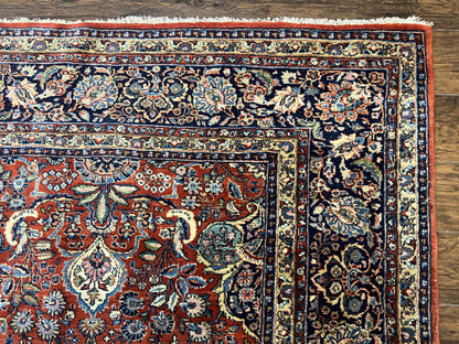 Persian Sarouk Rug 9x12, Red and Dark Blue Floral Allover Antique Persian Carpet, Handmade Wool Qazvin Rug