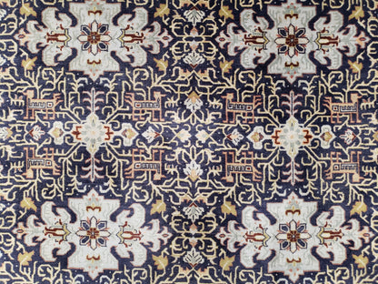 Semi-Antique Persian Kashan Rug, Midnight Blue & Ivory, Hand-Knotted, Wool, 4' 8" x 7' 4", Pair A
