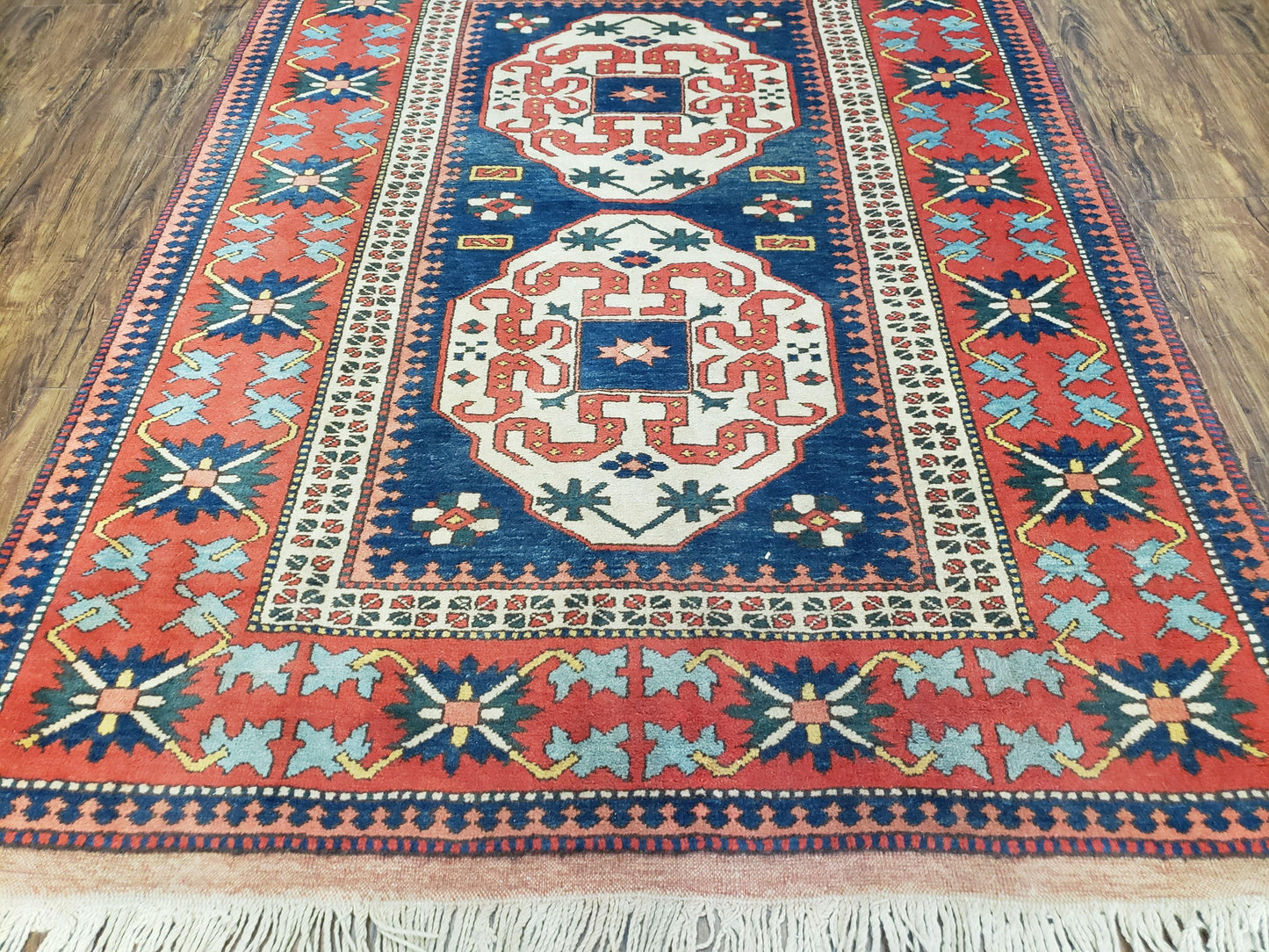 Turkish Kazak Rug 5x6 Vintage Handmade Wool Carpet Geometric Blue Red