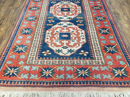 Turkish Kazak Rug 5x6 Vintage Handmade Wool Carpet Geometric Blue Red