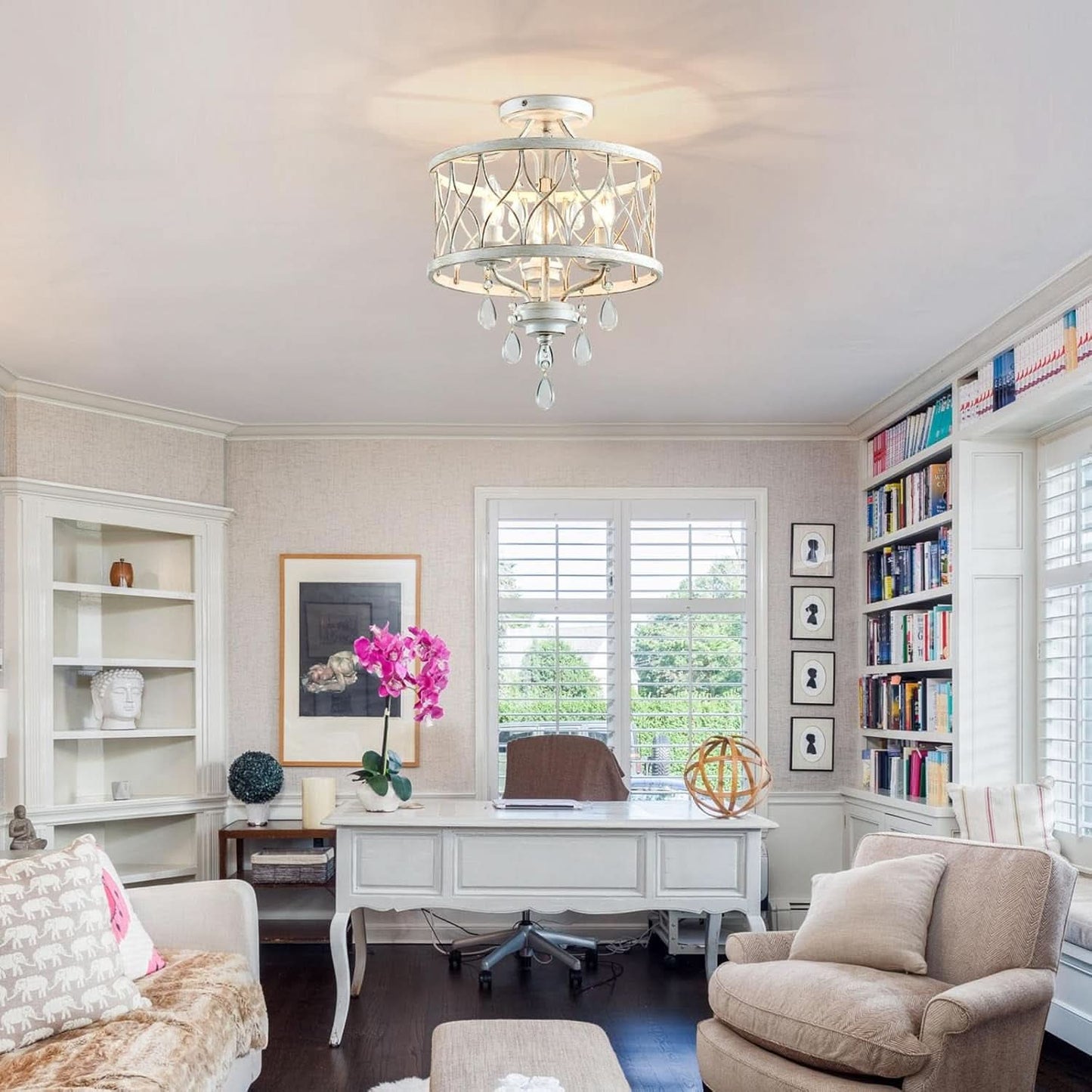 Farmhouse Crystal Ceiling Light Three Light White Fixture