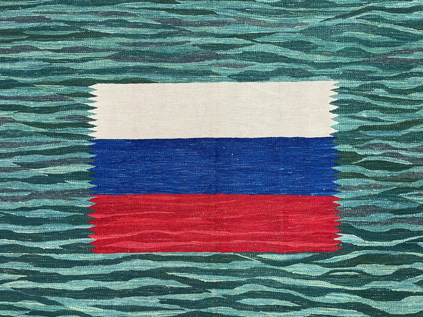 Sea Green Kilim Area Rug, White Blue Red Stripes, Russian Flag Rug, Flatweave Hand Knotted Carpet, Turkish Carpet, Wool, New, 5' 6" x 7' 10"