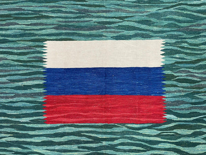 Sea Green Kilim Area Rug, White Blue Red Stripes, Russian Flag Rug, Flatweave Hand Knotted Carpet, Turkish Carpet, Wool, New, 5' 6" x 7' 10"