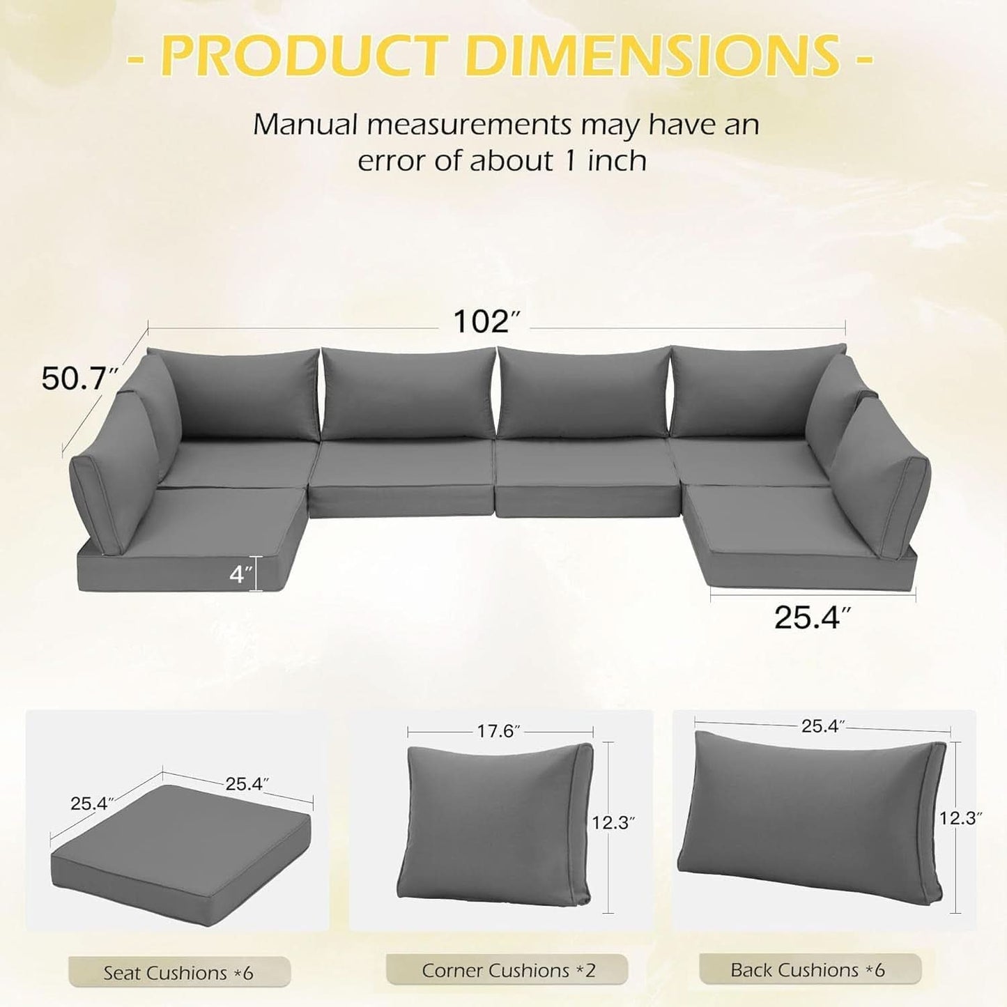 Outdoor Cushions 14 Piece Set Gray Water Repellent For 6 Seat Patio Sofa
