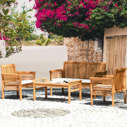 Outdoor Acacia Wood 4 Piece Sofa Set With Water Resistant Cushions Coffee Table