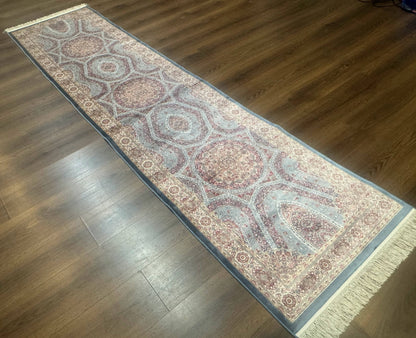 Turkish Silk Runner Rug 2.6 x 10, Light Blue Carpet, Bamboo Silk, New