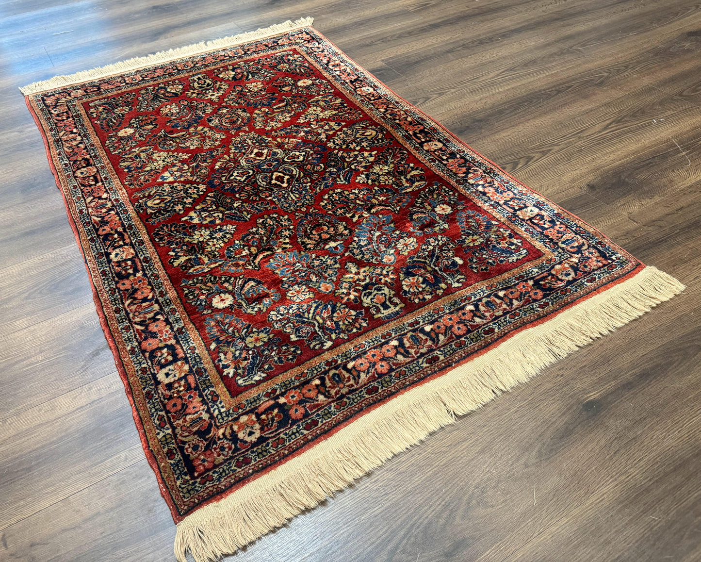 Antique Persian Sarouk Rug 3x5, Red, Floral, 200 KPSI