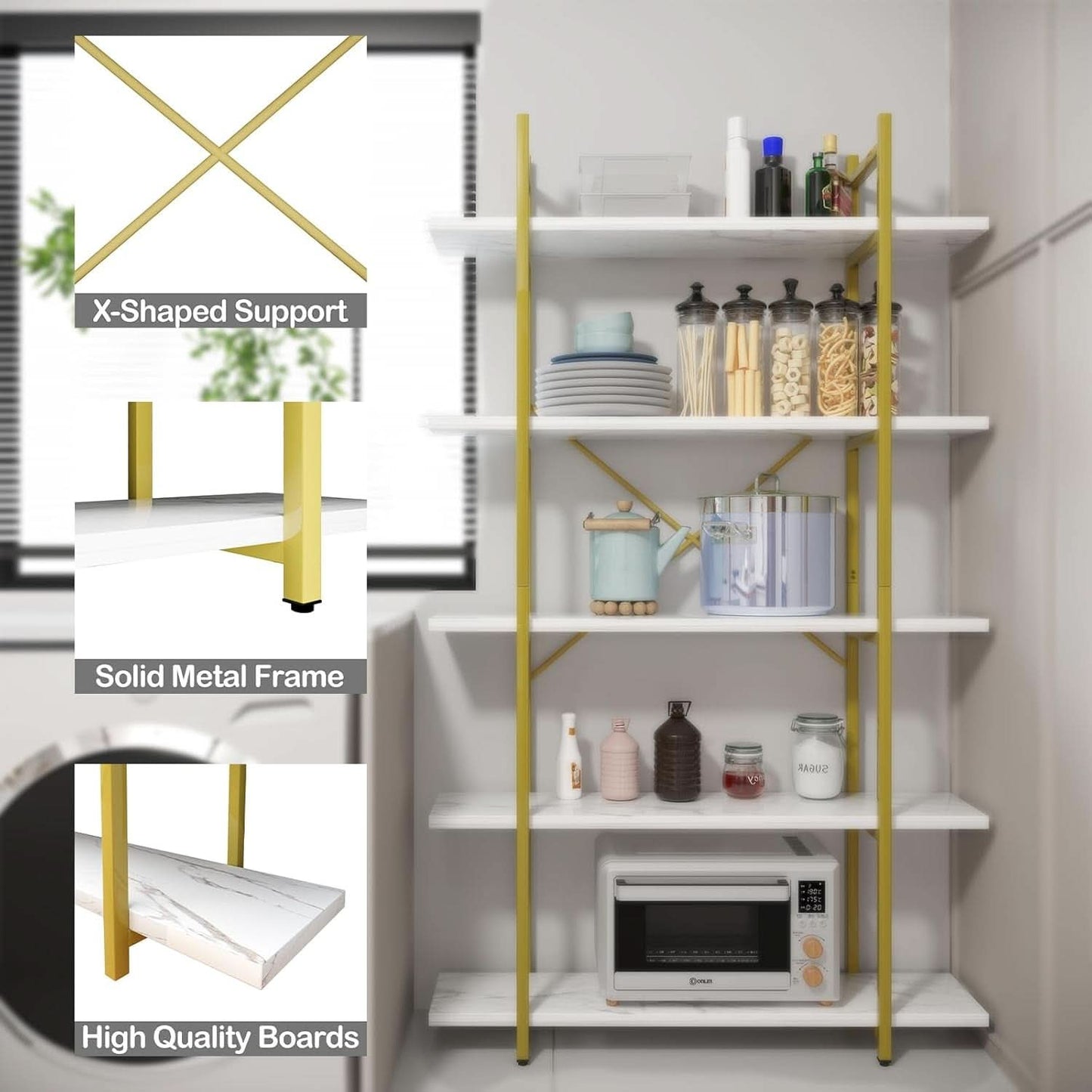 Five Tier Bookshelf Organizer White Faux Marble Metal Open Display