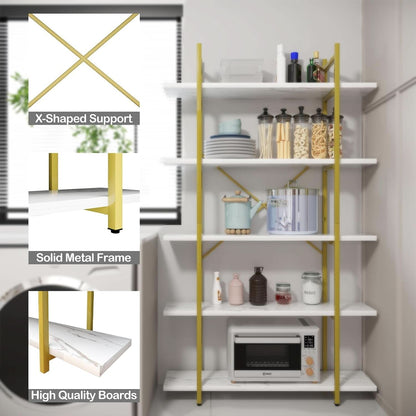 Five Tier Bookshelf Organizer White Faux Marble Metal Open Display