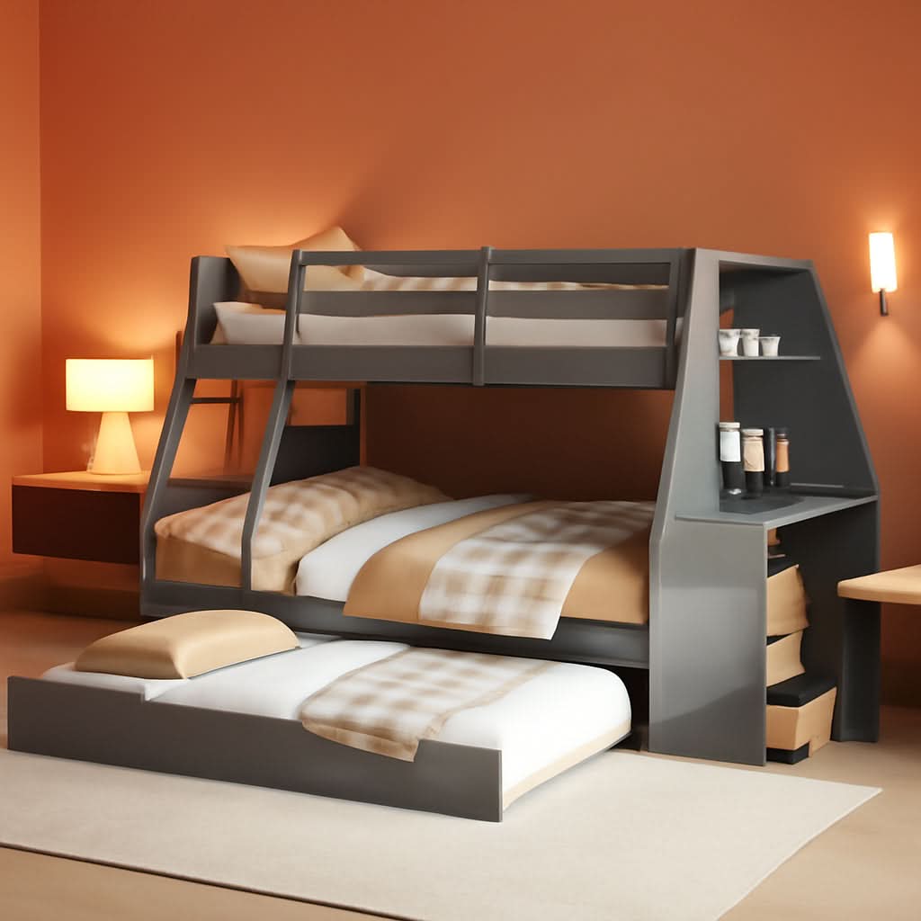Gray Twin Over Full Bunk Bed With Trundle And Desk
