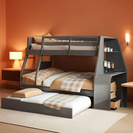 Gray Twin Over Full Bunk Bed With Trundle And Desk