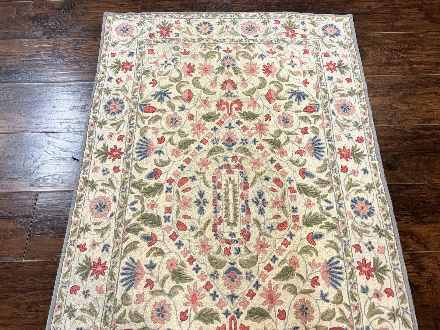 Hand Stitched Indian Rug 4x5, Floral, Vintage Hand Embroidered Rug