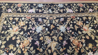 6x9 Vintage Needlepoint Rug Petitepoint Carpet Butterflies Floral Design Dark Brown & Tan 6 x 9 Handmade Flatweave Area Rug