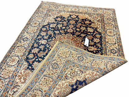 Persian Isfahan Rug 4x5, Navy Blue & Ivory, Wool and Silk Highlights