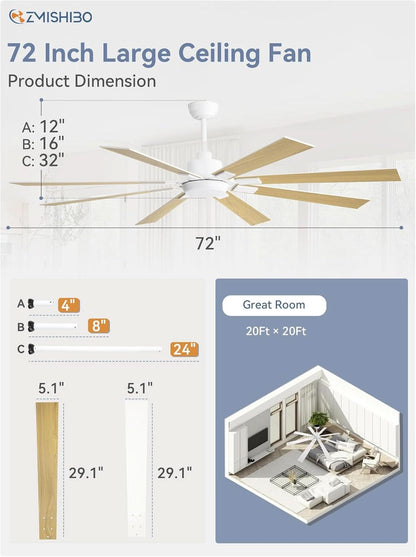 72 Inch White Ceiling Fan With Lights And Remote DC Motor