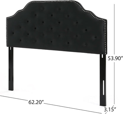 Contemporary Black Velvet Headboard with Button Tufted Design