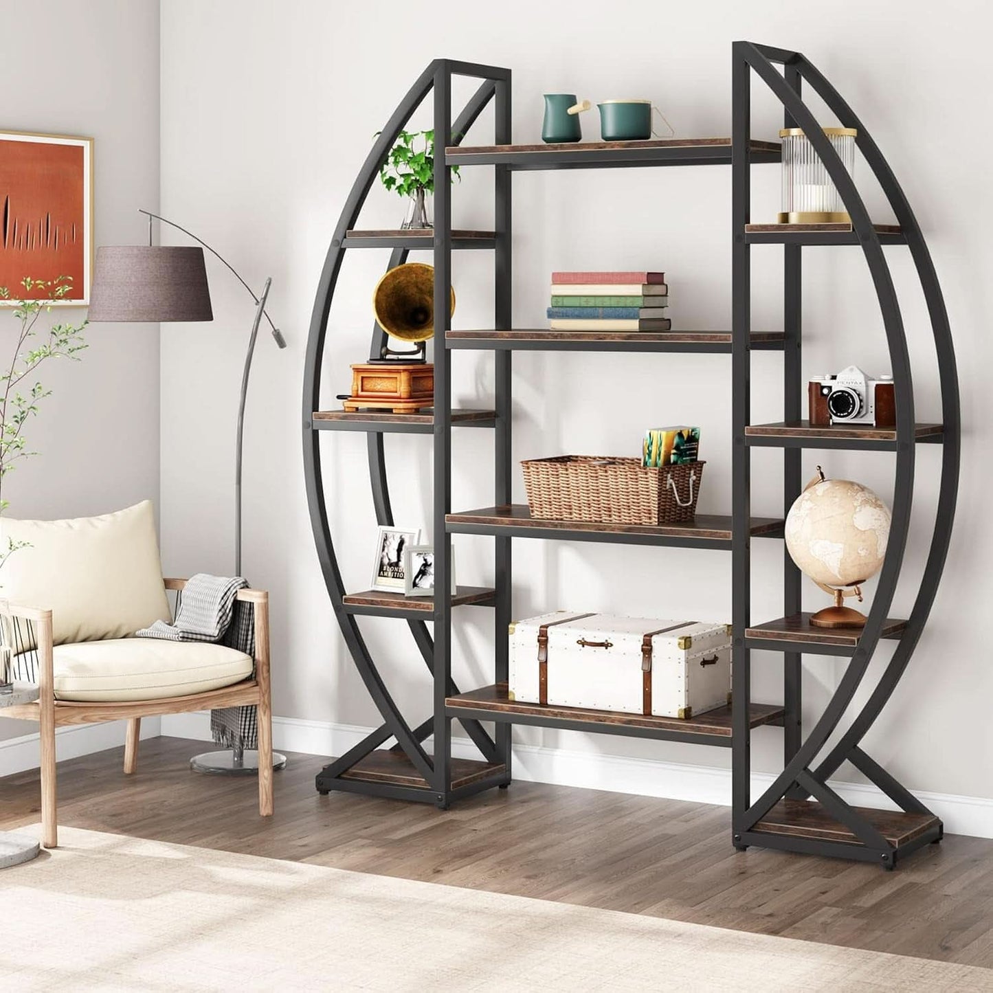 Oval 55 Inch Brown Industrial Display Etagere Bookcase