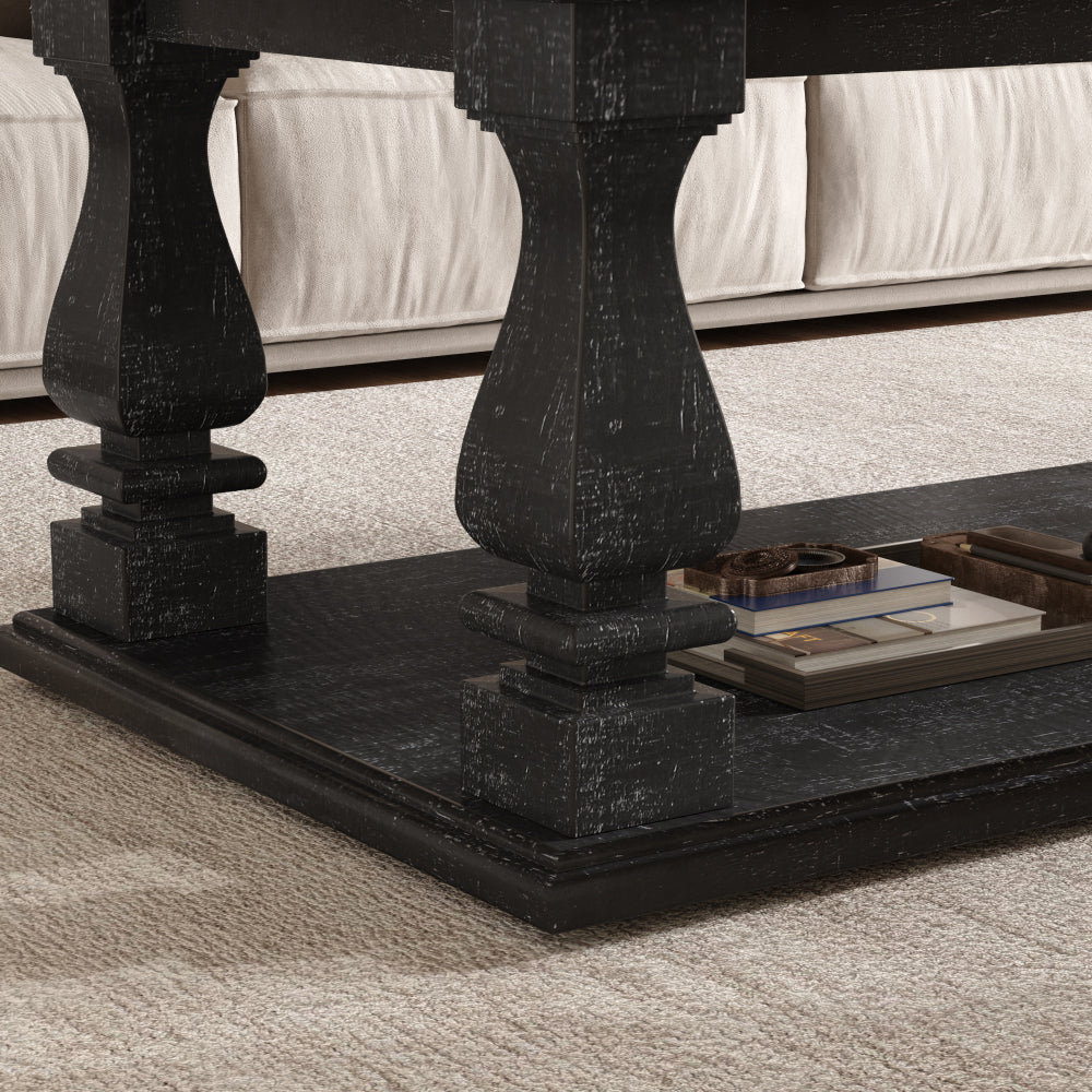 Farmhouse Coffee Table with Storage Shelf 47" Rustic Solid Wood Planked Top & Square Baluster Legs