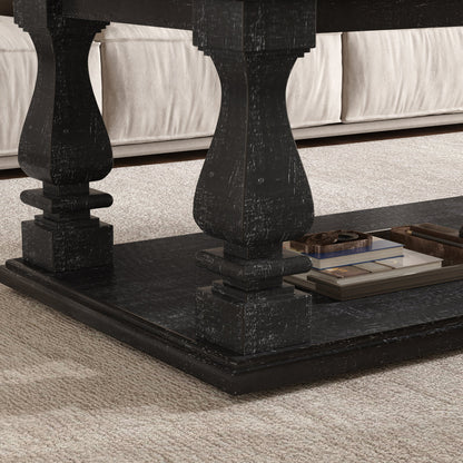 Farmhouse Coffee Table with Storage Shelf 47" Rustic Solid Wood Planked Top & Square Baluster Legs