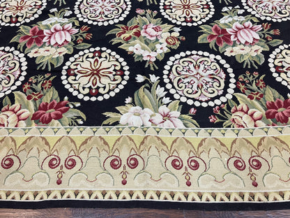 9x12 Black Needlepoint Rug, European Floral Panel Design, Handwoven, Vintage Chinese Needlepoint, Black Green Beige, Wool Rug 9 x 12