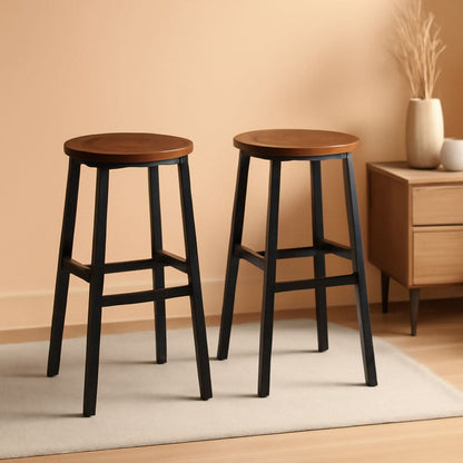 Round Bar Stools Set of 2 With Footrest 24.4 Inch Industrial Rustic Brown