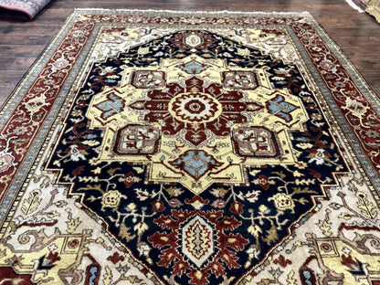 Indo Persian Heriz Rug 8x10, Geometric Medallion, Serapi Carpet, Wool Vintage Rug