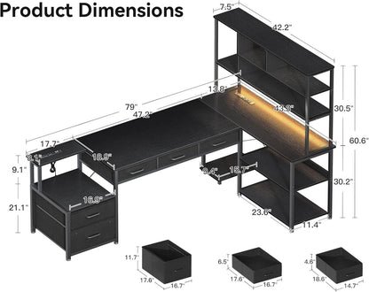 79 Inch L Shaped Desk With File Drawers Reversible Black