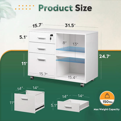 Three Drawer File Cabinet With Printer Stand Locking Wheels