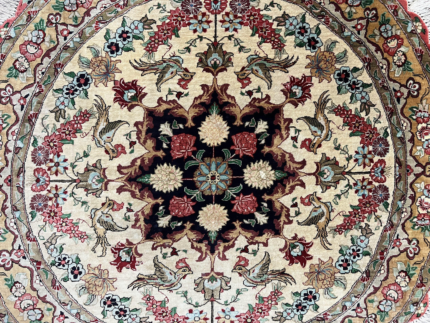 Silk Persian Tabriz Round Rug 3x3 ft, Very Fine Hand Knotted Carpet 380 KPSI, Cream & Gold, Bird Pictorials, Floral, Rare