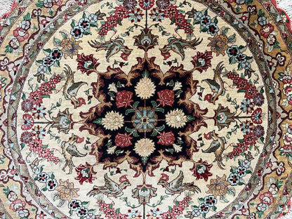 Silk Persian Tabriz Round Rug 3x3 ft, Very Fine Hand Knotted Carpet 380 KPSI, Cream & Gold, Bird Pictorials, Floral, Rare