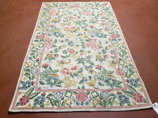 4x6 Chain Stitch Rug 3x5 Indian Rug Hand-Stitched Indo Rug 3' 6" x 5' 5" Floral Pattern Colorful Vintage Wool Pile Cotton Area Rug Flowers