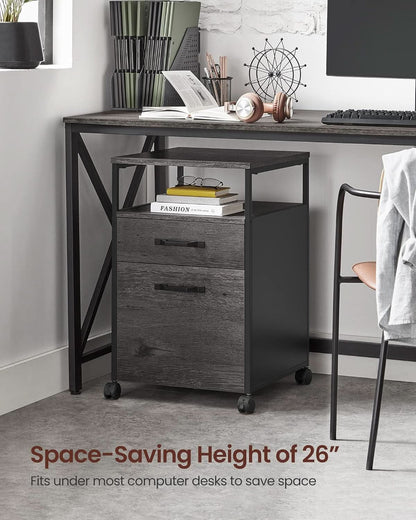 Mobile File Cabinet With Wheels 2 Drawers Open Shelf Charcoal Gray And Ink Black